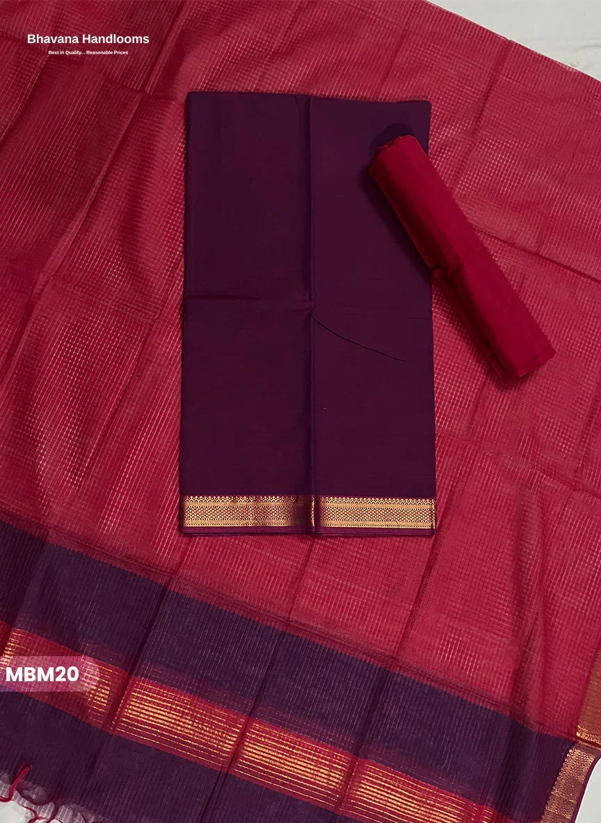 Mangalagiri Cotton Dress Material with Missing Checks Dupatta – Premium Unstitched Suit Set Deep Plum