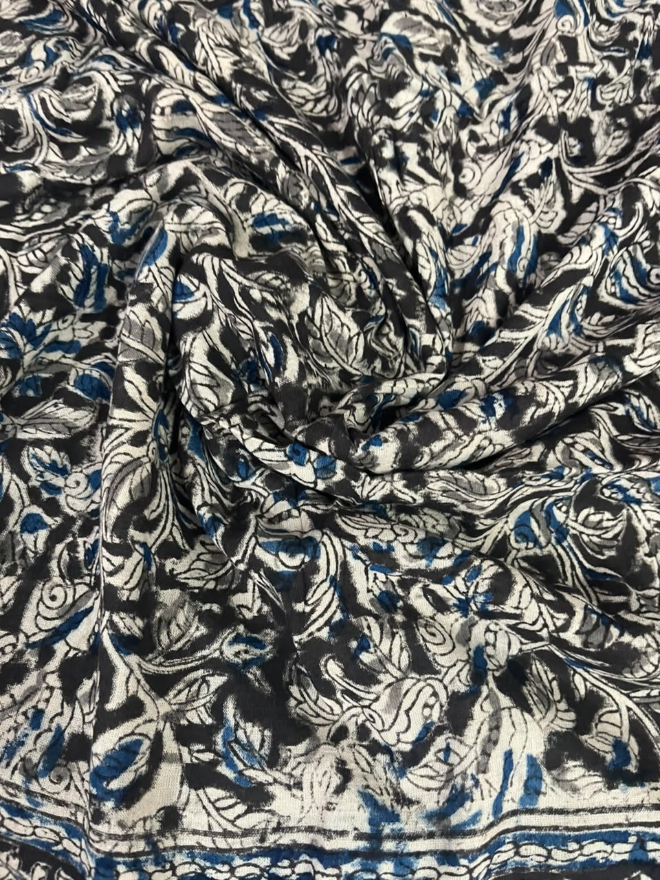 Traditional Kalamkari Unstitched 3PC Dress Material in Green & Blue | Cotton Ethnic Fabric Set