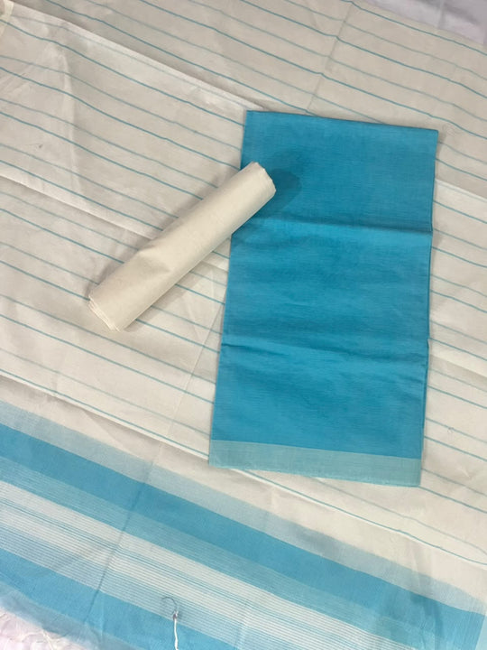 Classic Mangalagiri Cotton Dress Material in Aqua Blue & White | Elegant Striped Weave