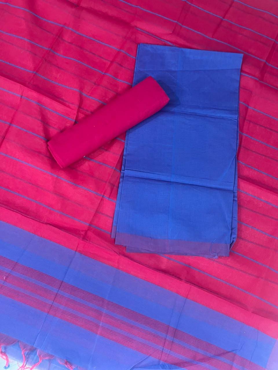 Classic Mangalagiri Cotton Dress Material in Rani Pink & Royal Blue | Elegant Striped Weave
