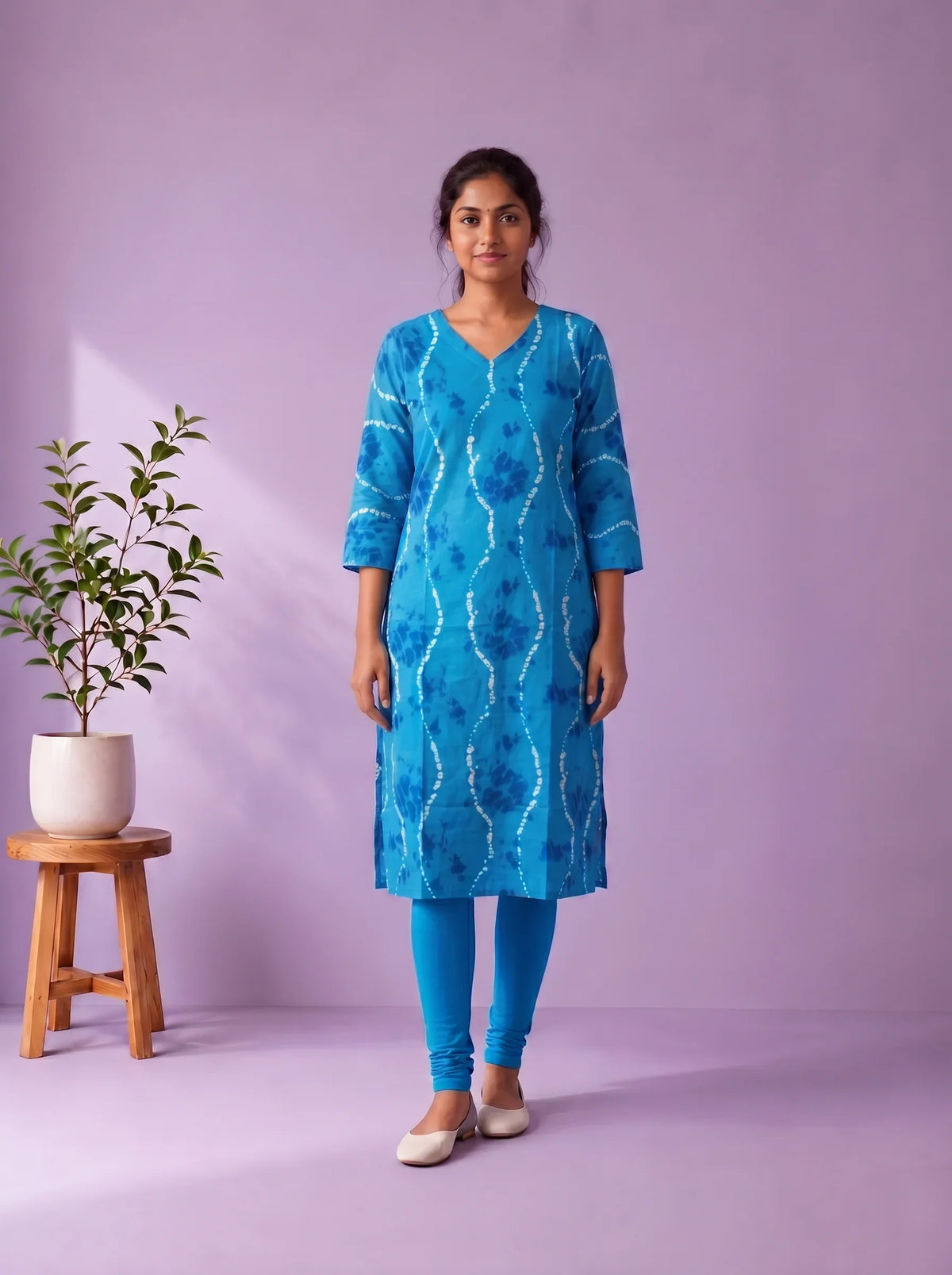 Sky Blue & White Tie-Dye Printed Mul Cotton Top with Full-Length Cotton Lining | Women's Casual Wear