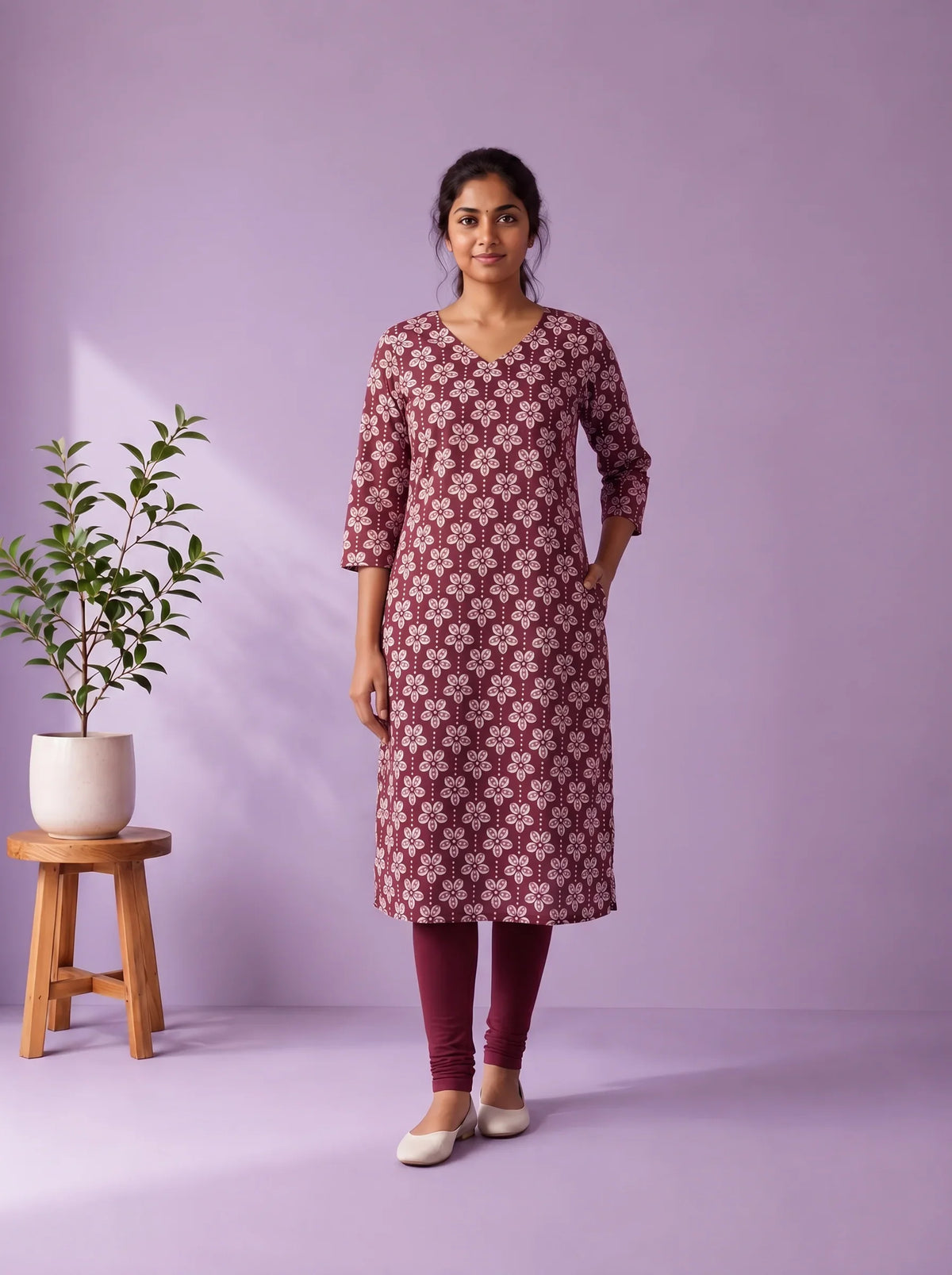Wine Purple & White Floral Printed Mul Cotton Top with Full-Length Cotton Lining | Women's Casual Wear