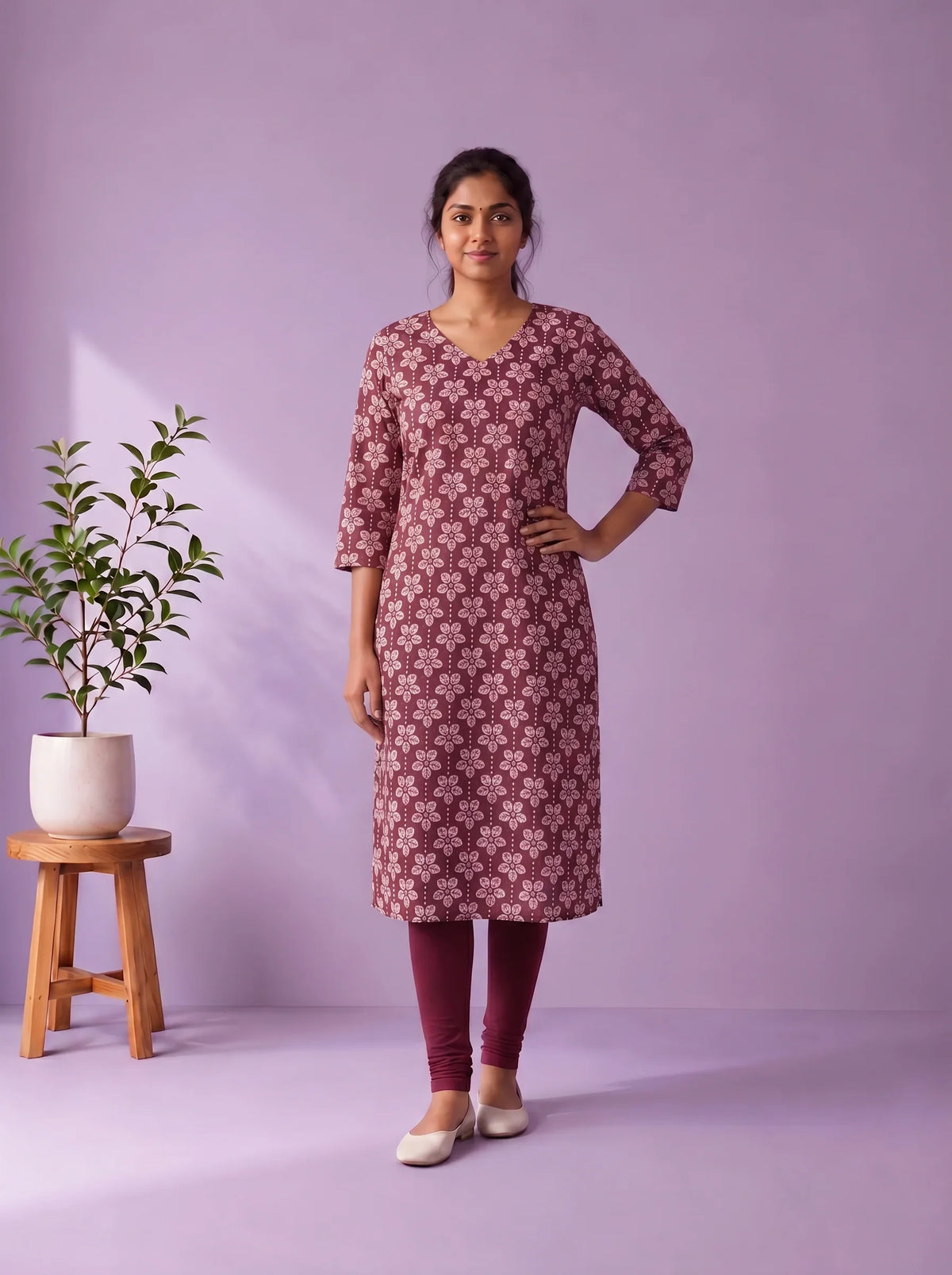 Wine Purple & White Floral Printed Mul Cotton Top with Full-Length Cotton Lining | Women's Casual Wear