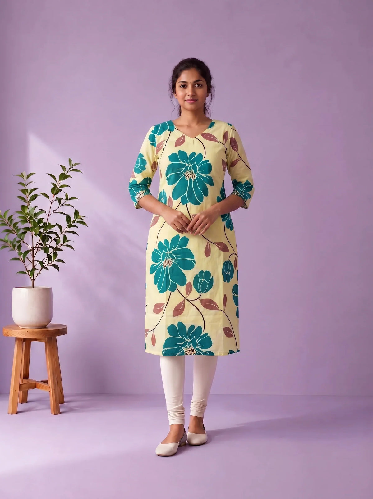 Cream Yellow & Teal Blue Floral Printed Mul Cotton Top with Full-Length Cotton Lining | Women's Casual Wear