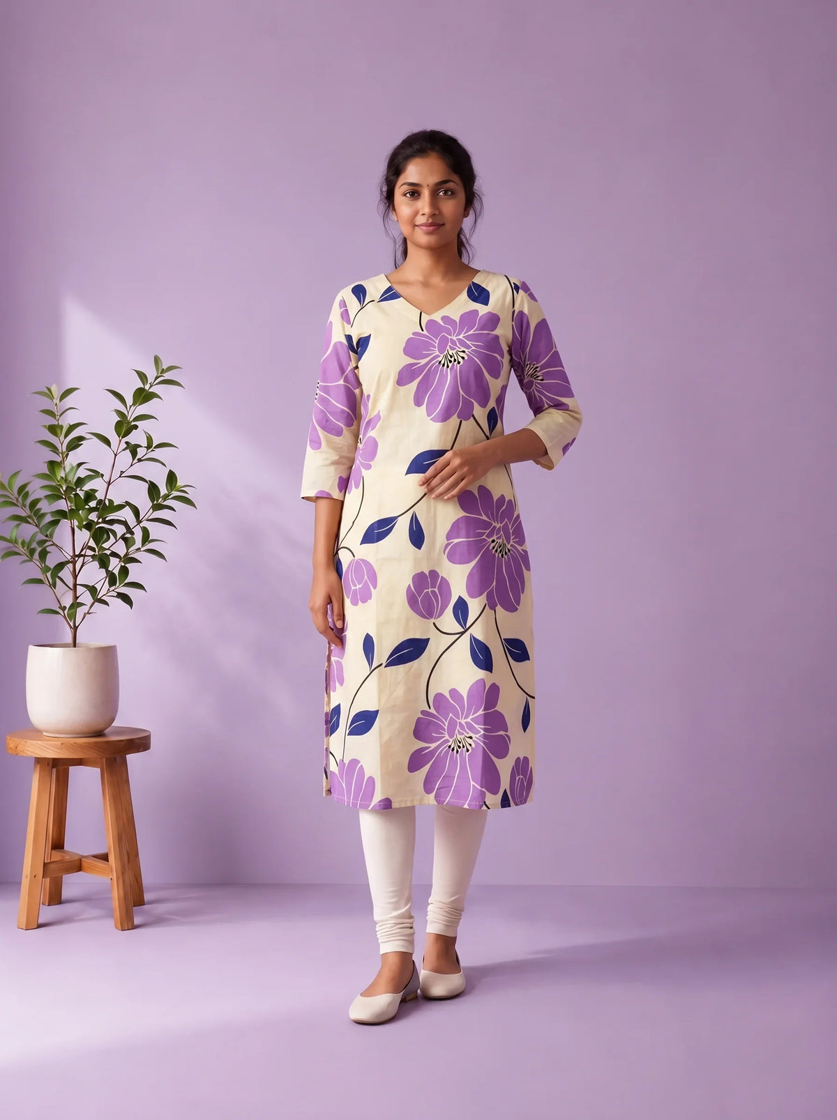 Cream & Lavender Purple Floral Printed Mul Cotton Top with Full-Length Cotton Lining | Women's Casual Wear