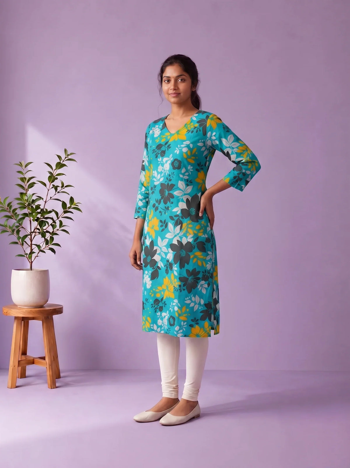 Turquoise Blue, Black & Mustard Yellow Floral Printed Mul Cotton Top with Full-Length Cotton Lining | Women's Casual Wear