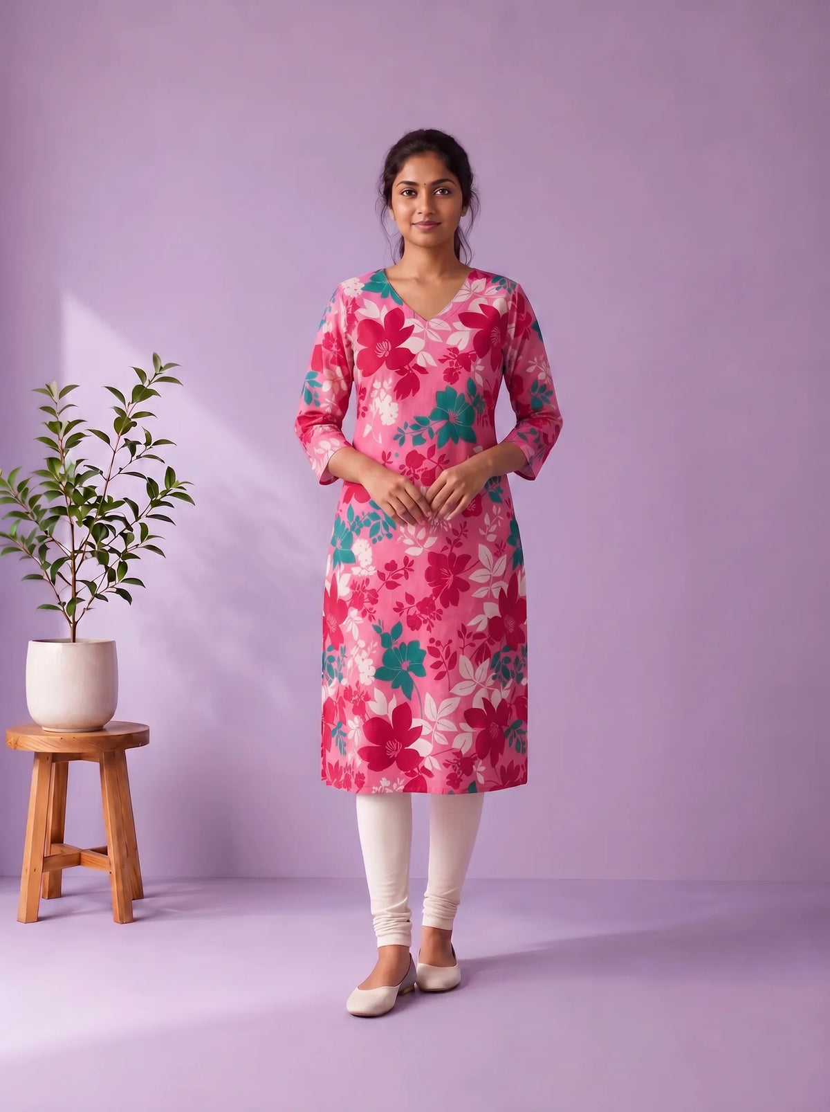 Pink, Crimson Red & Teal Green Floral Printed Mul Cotton Top with Full-Length Cotton Lining | Women's Casual Wear
