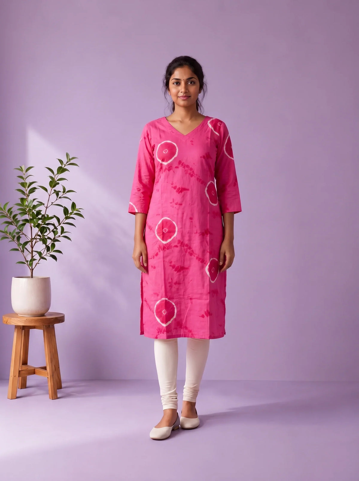 Rani Pink & White Tie-Dye Printed Mul Cotton Top with Full-Length Cotton Lining | Women's Casual Wear