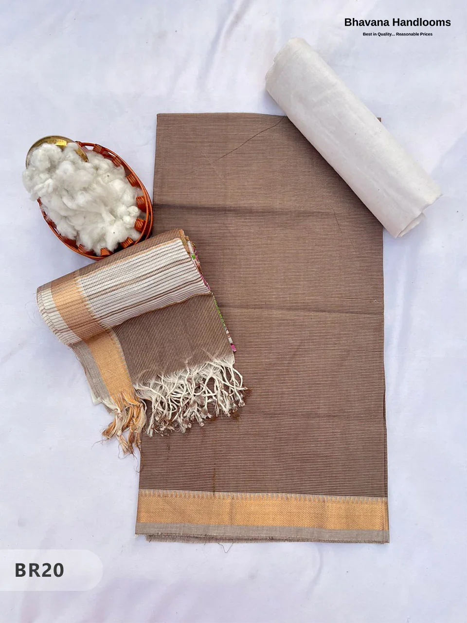 Mangalagiri Cotton Dress Material with White Chunni with Brown Colour