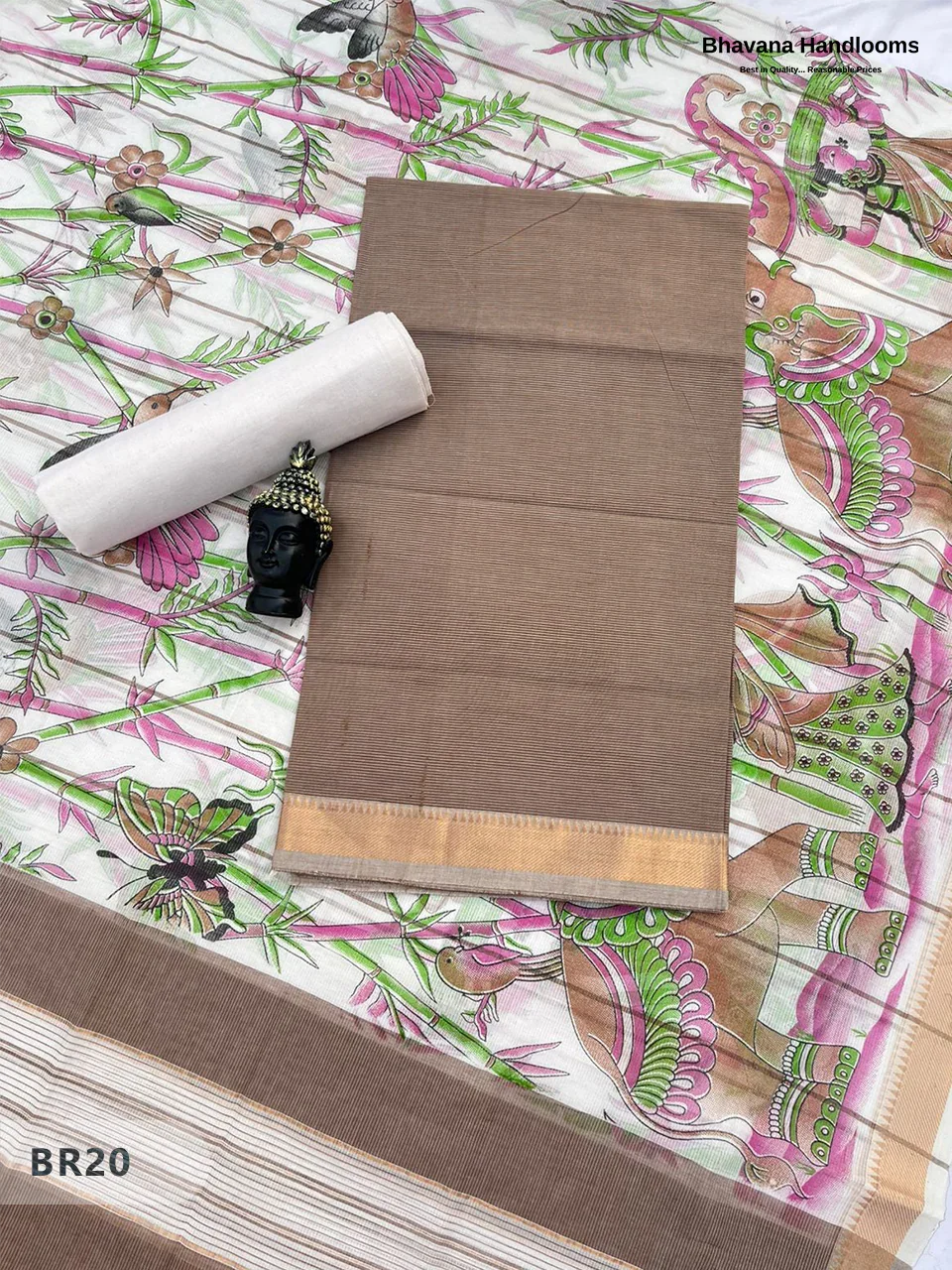 Mangalagiri Cotton Dress Material with White Chunni with Brown Colour