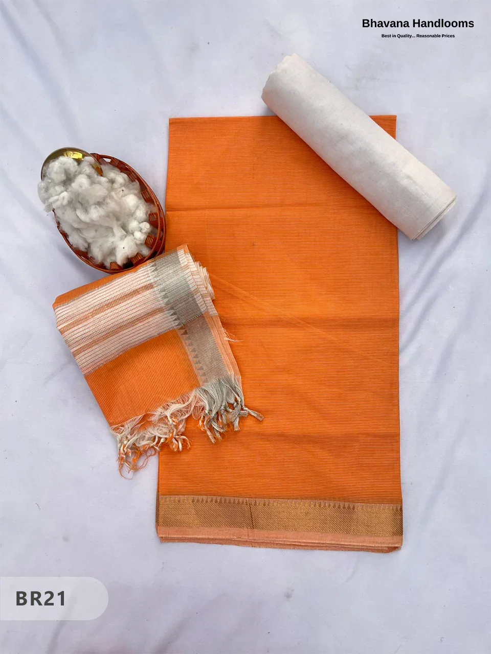 Mangalagiri Cotton Dress Material with White Chunni with Orange Colour