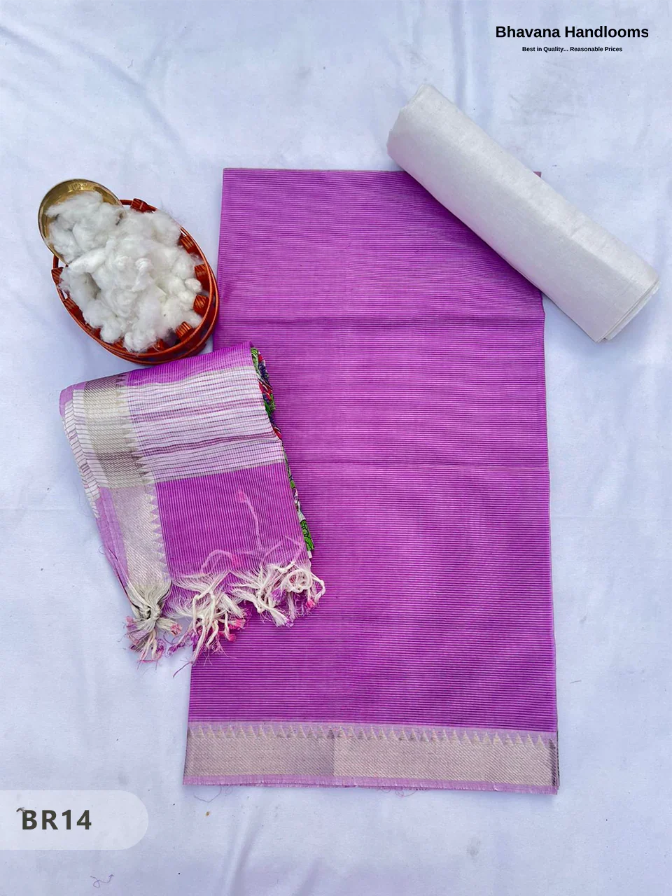 Mangalagiri Cotton Dress Material with White Chunni with Lavender Pink Colour