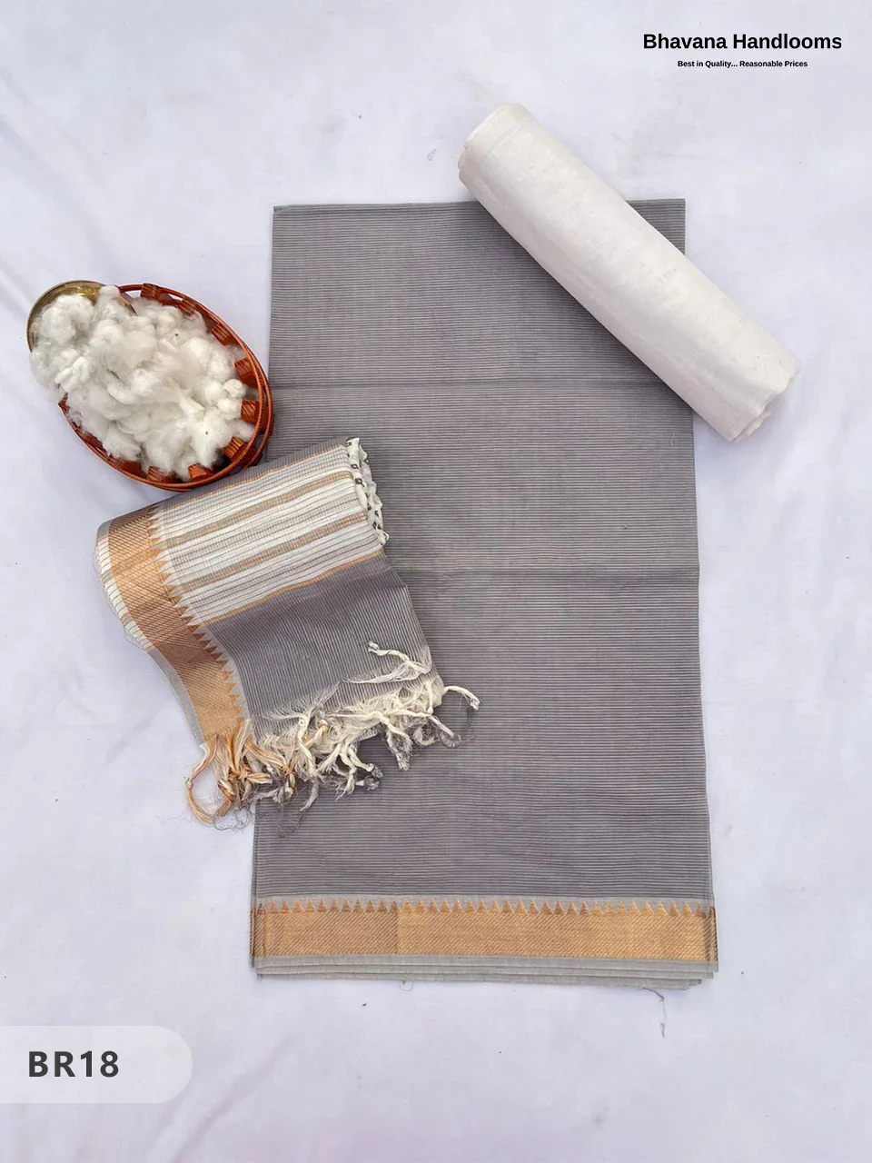 Mangalagiri Cotton Dress Material with White Chunni with Gray Colour