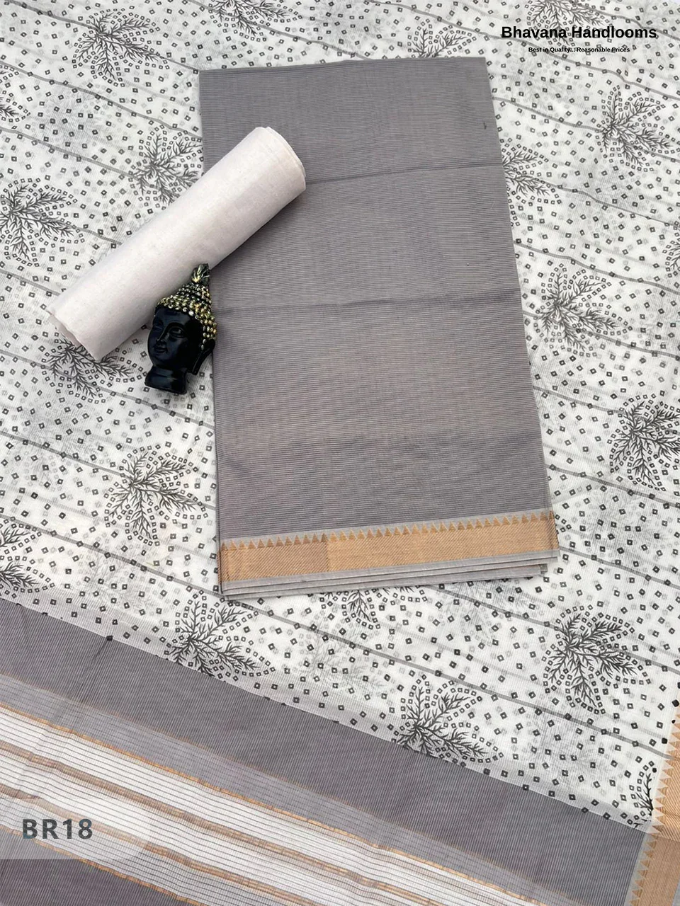 Mangalagiri Cotton Dress Material with White Chunni with Gray Colour