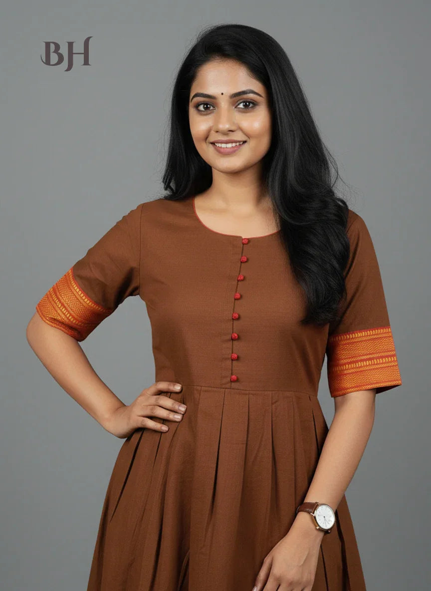 Mangalagiri Cotton Long Frock with Light Brown Colour