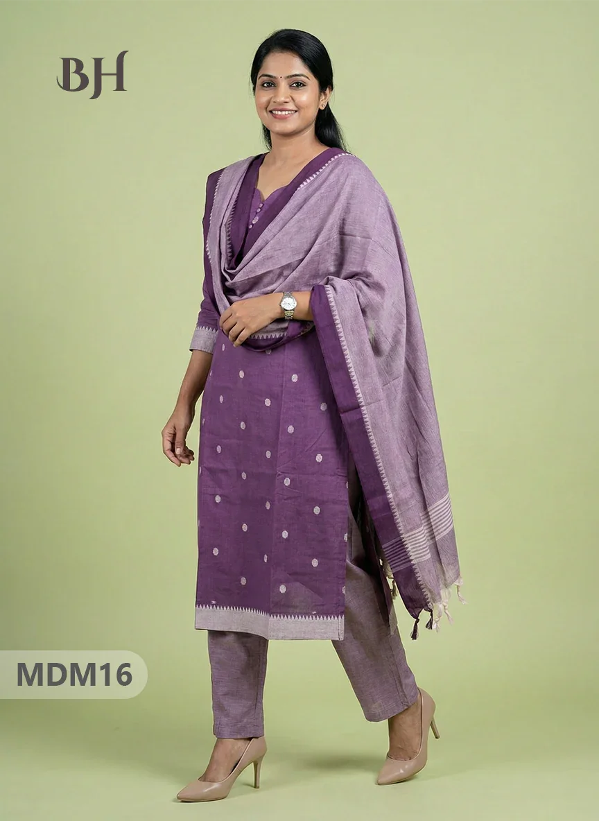 Mangalagiri Cotton 3PC Set with Full-Length Lining & Elastic Pocket Bottom – Dusty Purple