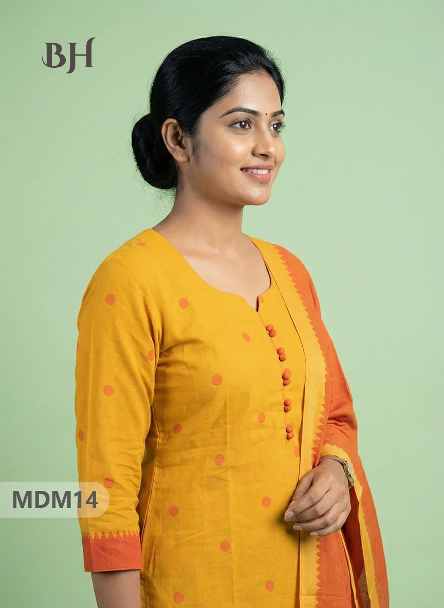Mangalagiri Cotton 3PC Set with Full-Length Lining & Elastic Pocket Bottom – Orange Yellow
