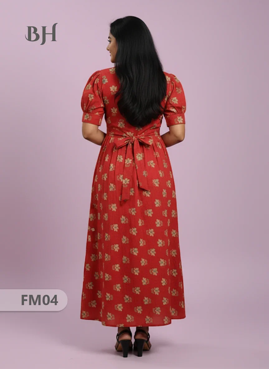 Premium Mul Cotton Frock Red – Puff Sleeve Design with Knots, Zero Shrinkage