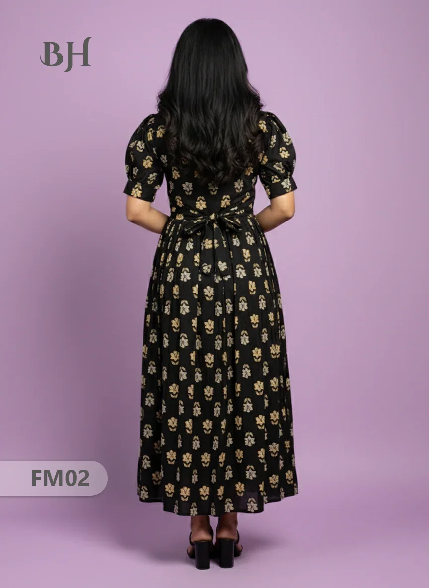 Premium Mul Cotton Frock Black – Puff Sleeve Design with Knots, Zero Shrinkage