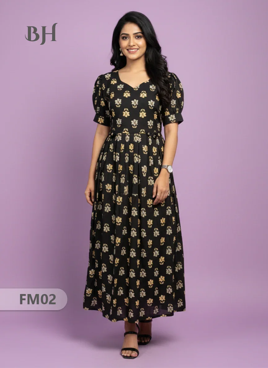 Premium Mul Cotton Frock Black – Puff Sleeve Design with Knots, Zero Shrinkage