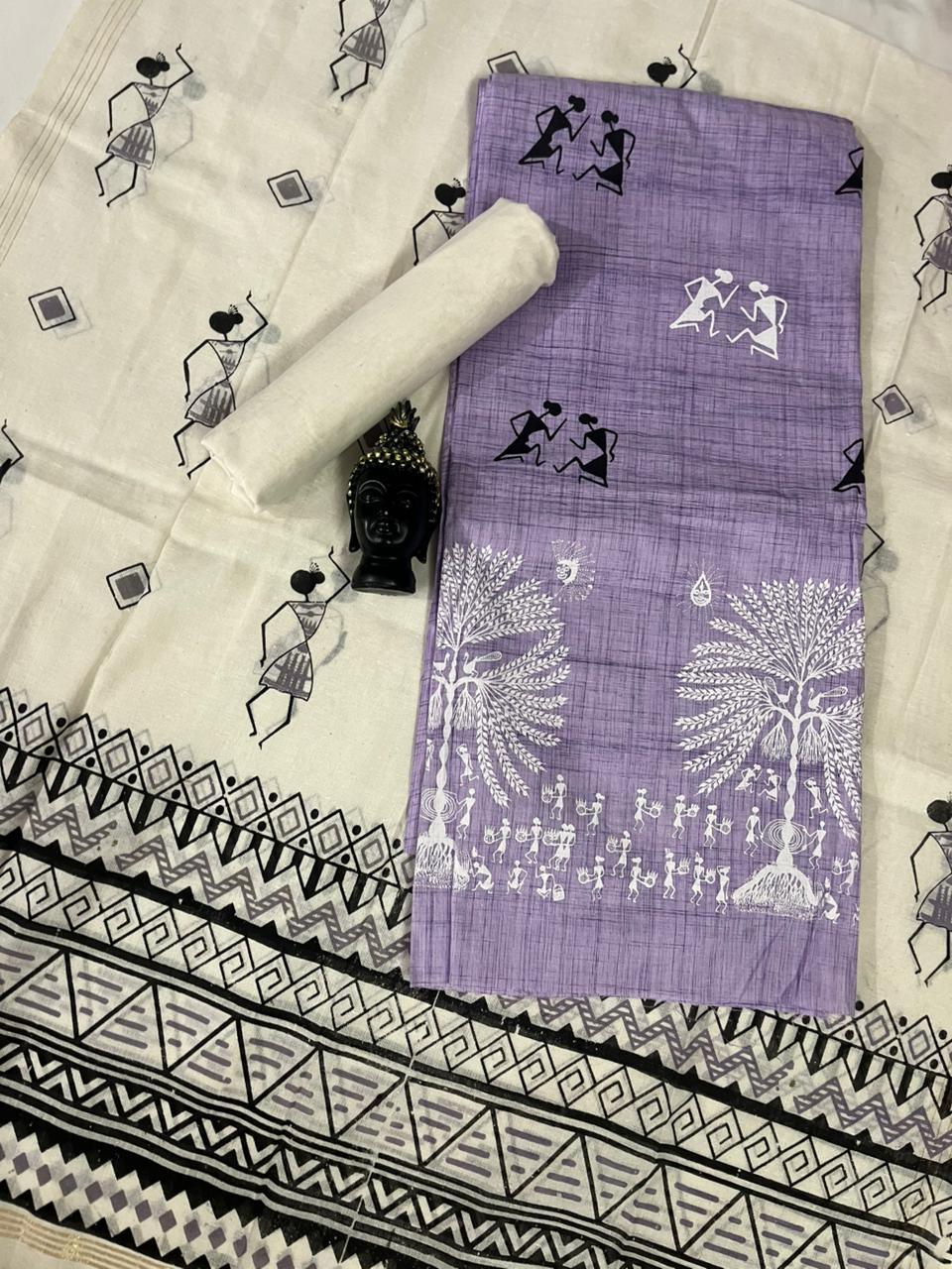 Pure Cotton Village Print Dress Material in Pastel Lavender Colour | Ethnic Wear Fabric