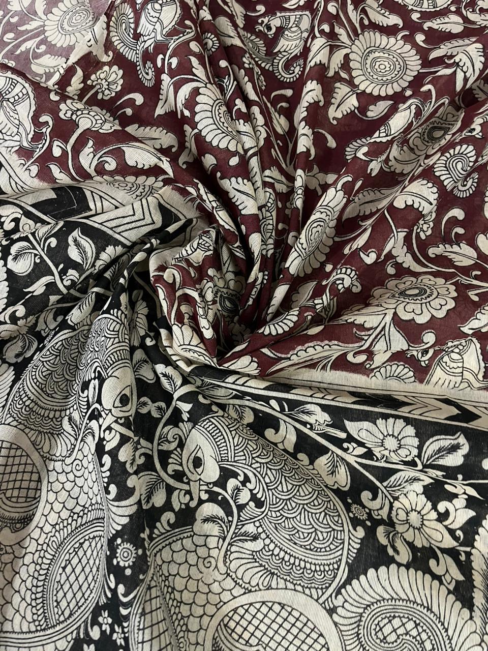 Orange Kalamkari Cotton 3 Piece Suit Material Set | Unstitched Top Bottom Dupatta