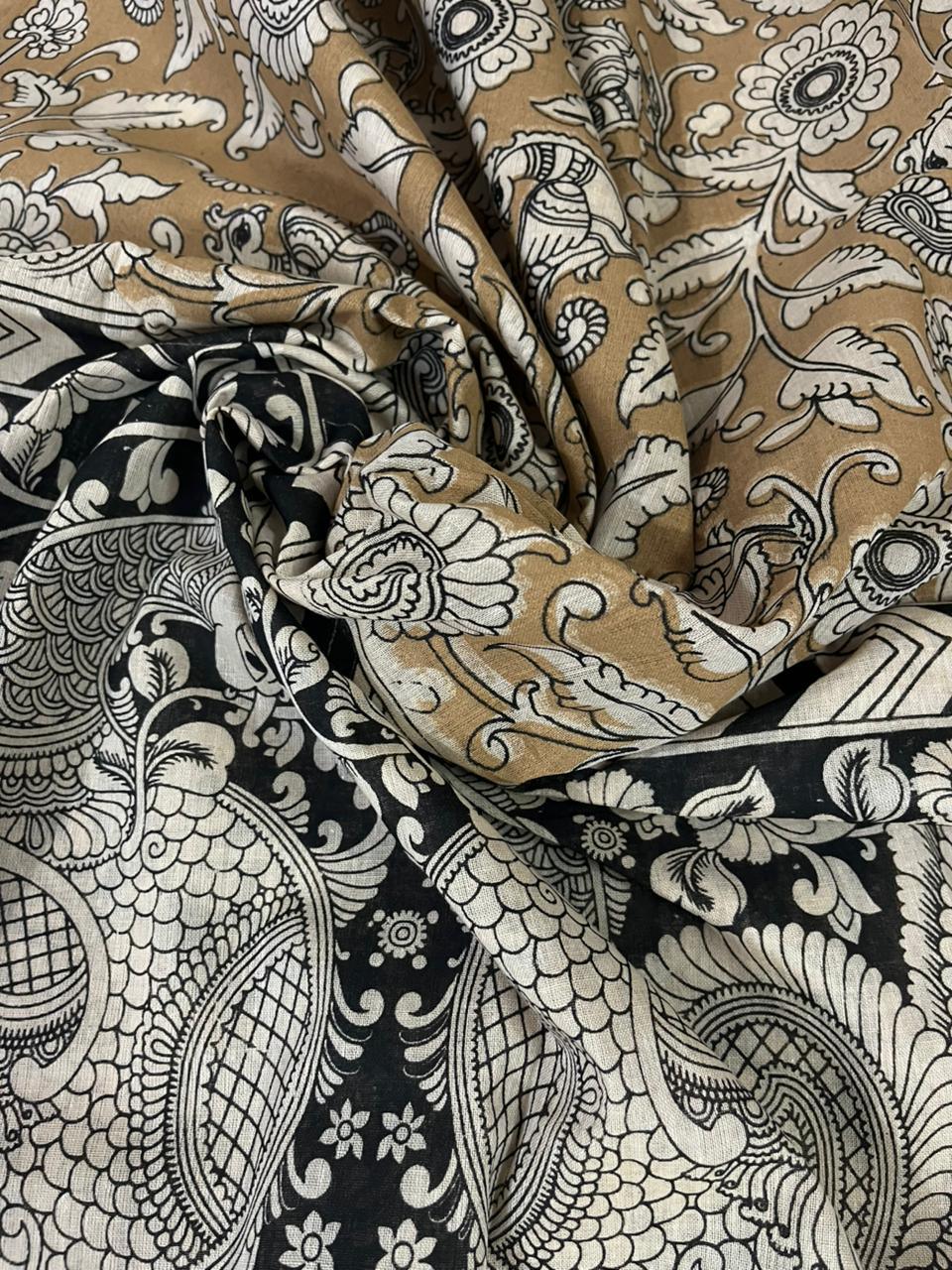 Blue Kalamkari Cotton 3 Piece Suit Material Set | Unstitched Top Bottom Dupatta