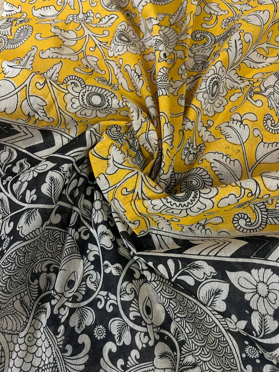Dark Green Kalamkari Cotton 3 Piece Suit Material Set | Unstitched Top Bottom Dupatta