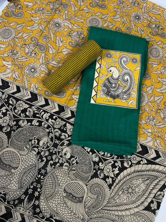 Dark Green Kalamkari Cotton 3 Piece Suit Material Set | Unstitched Top Bottom Dupatta