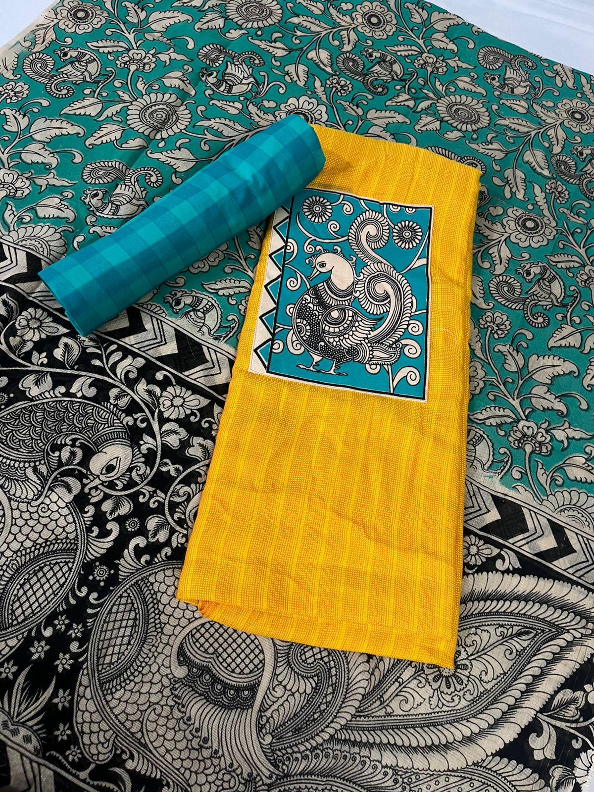 Yellow Kalamkari Cotton 3 Piece Suit Material Set | Unstitched Top Bottom Dupatta