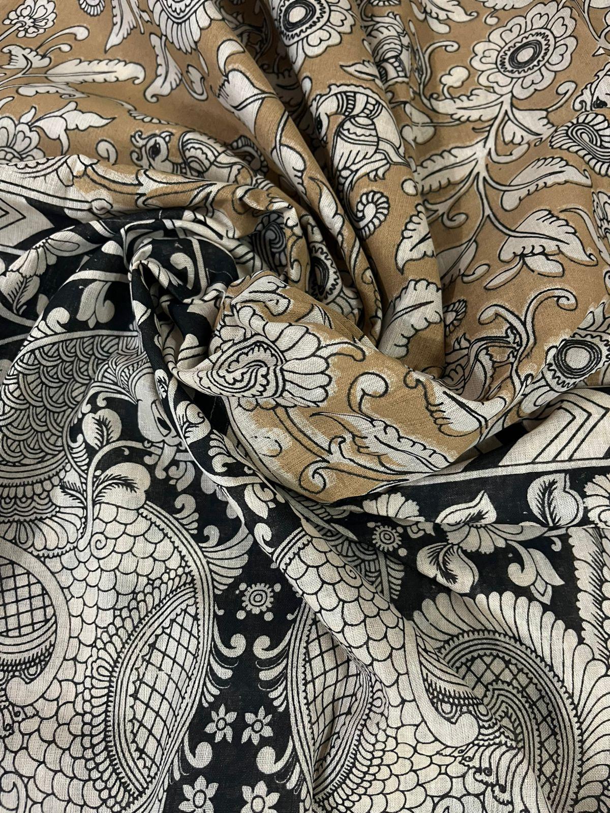 Blue Kalamkari Cotton 3 Piece Suit Material Set | Unstitched Top Bottom Dupatta