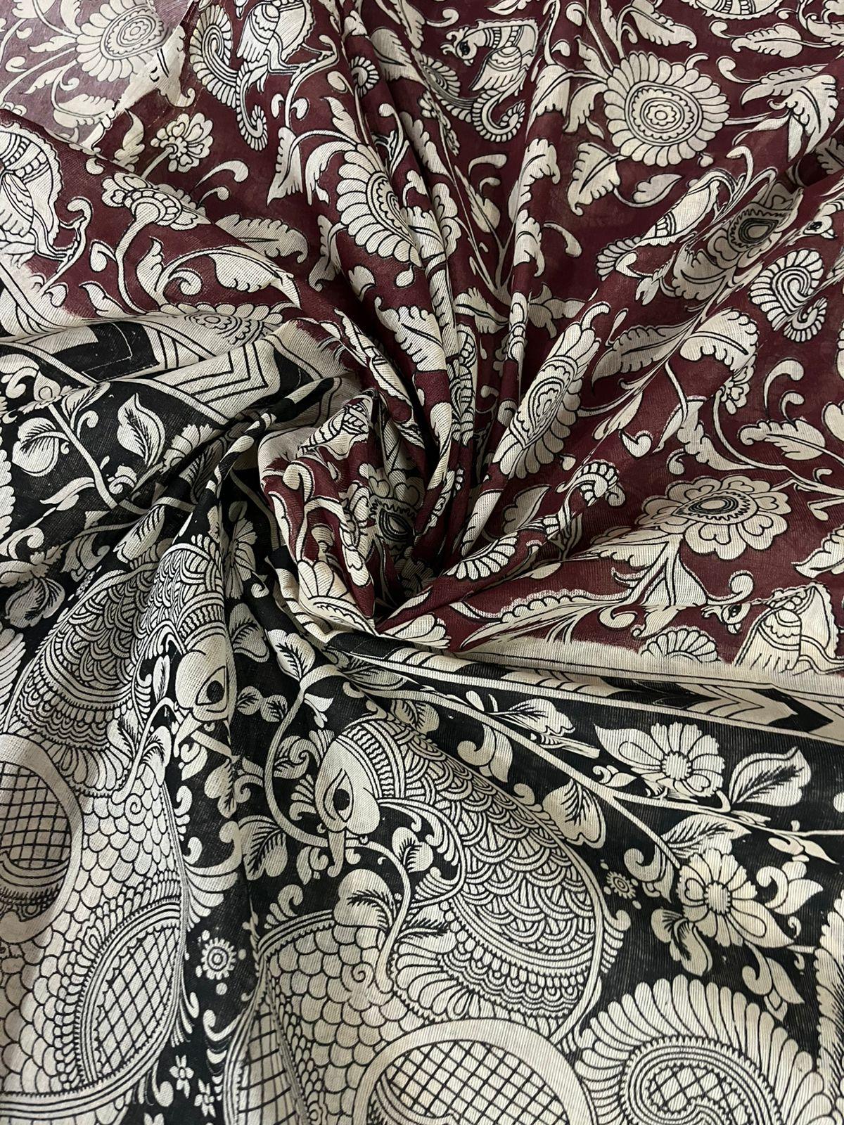 Orange Kalamkari Cotton 3 Piece Suit Material Set | Unstitched Top Bottom Dupatta