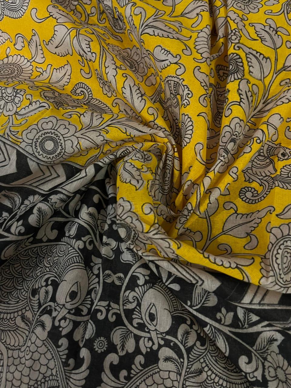 Dark Green Kalamkari Cotton 3 Piece Suit Material Set | Unstitched Top Bottom Dupatta