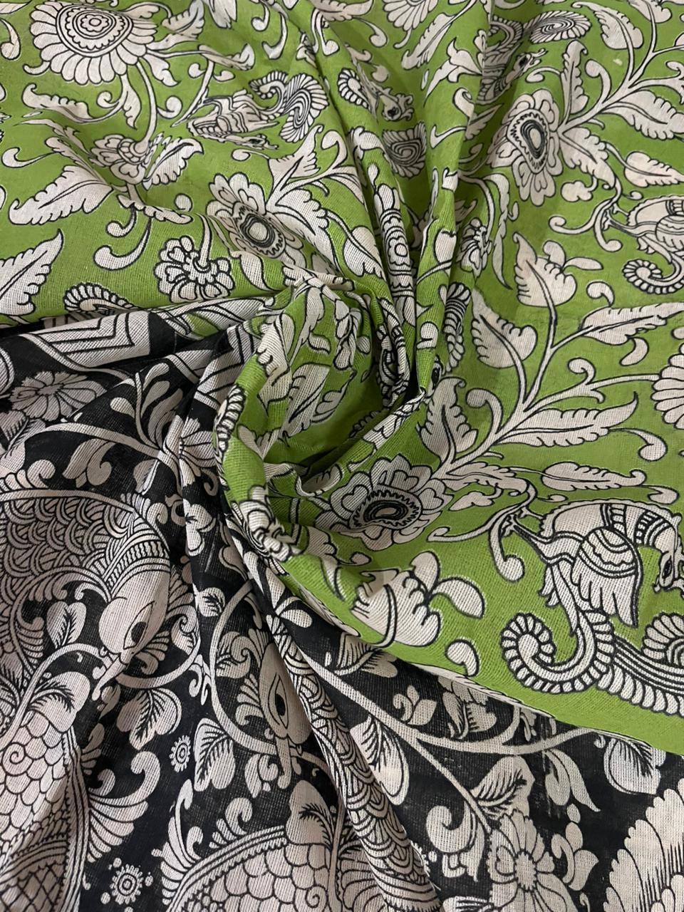 Marron Kalamkari Cotton 3 Piece Suit Material Set | Unstitched Top Bottom Dupatta
