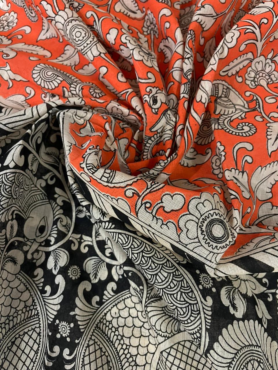 Half White Kalamkari Cotton 3 Piece Suit Material Set | Unstitched Top Bottom Dupatta