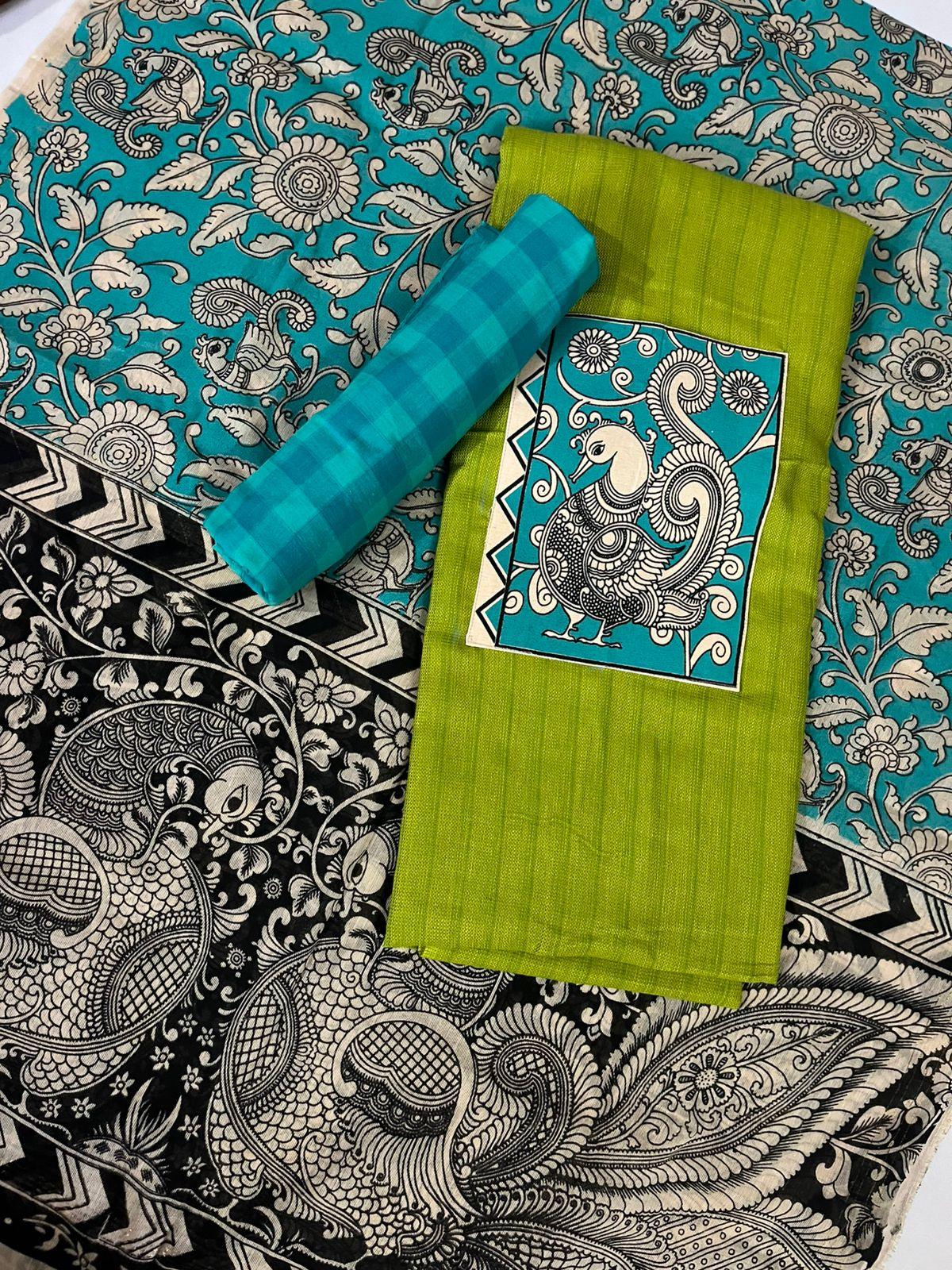 Light Green Kalamkari Cotton 3 Piece Suit Material Set | Unstitched Top Bottom Dupatta