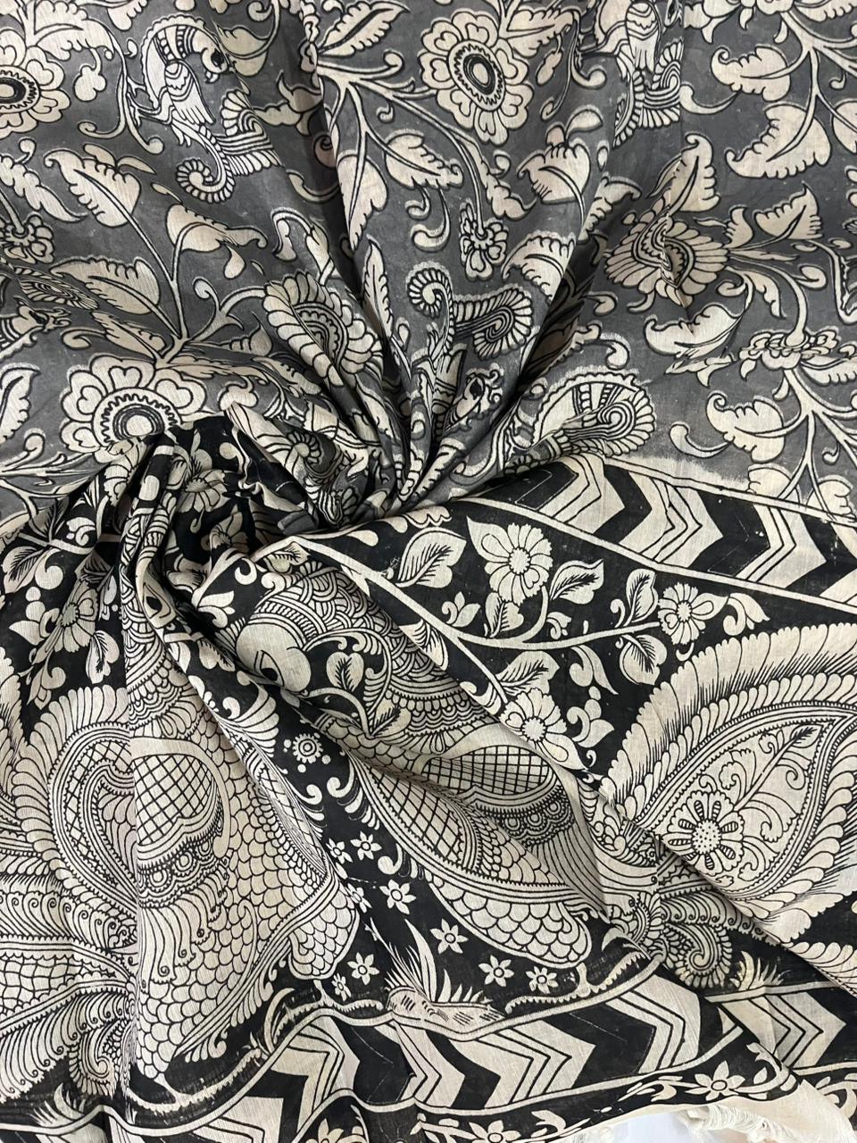 Charcoal Black Kalamkari Cotton 3 Piece Suit Material Set | Unstitched Top Bottom Dupatta