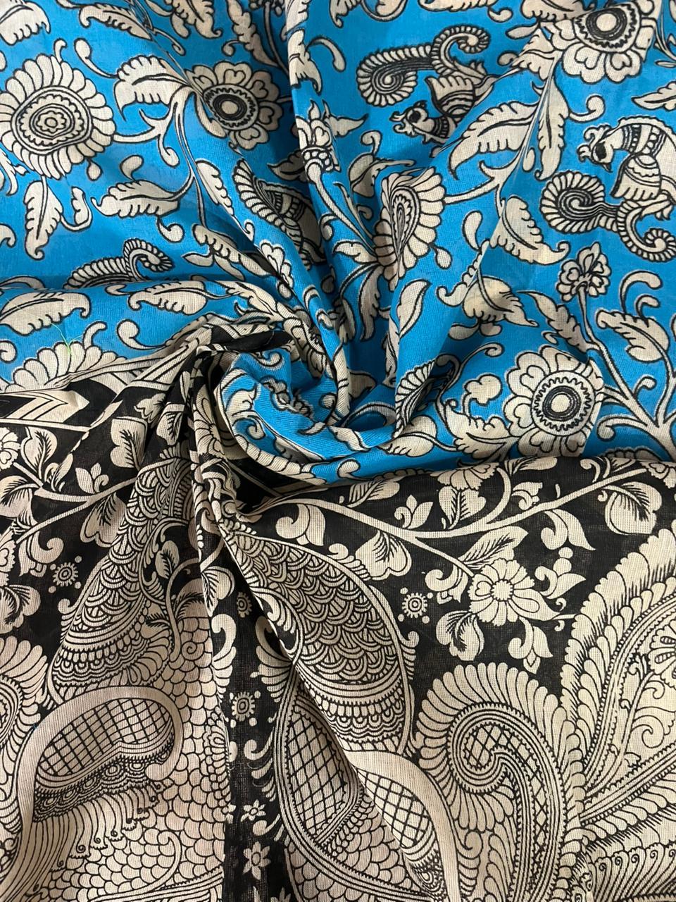 Peacock Blue Kalamkari Cotton 3 Piece Suit Material Set | Unstitched Top Bottom Dupatta