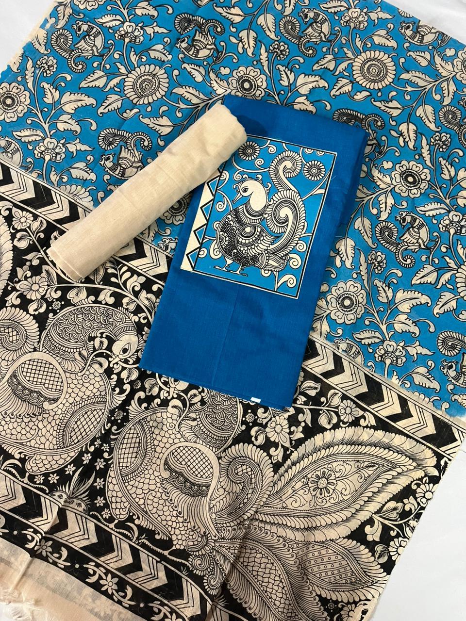 Peacock Blue Kalamkari Cotton 3 Piece Suit Material Set | Unstitched Top Bottom Dupatta