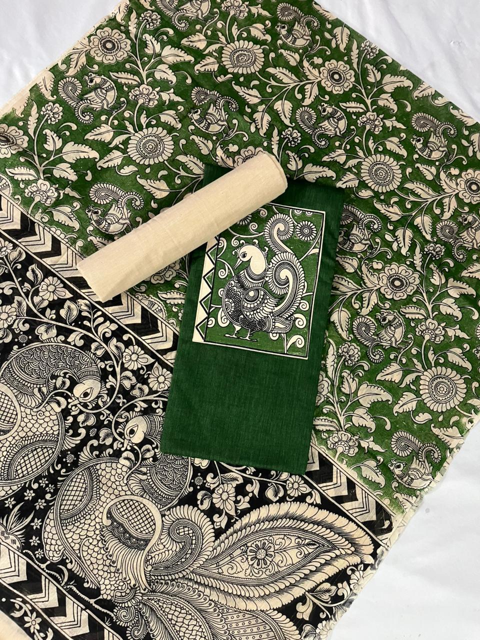 Forest Green Kalamkari Cotton 3 Piece Suit Material Set | Unstitched Top Bottom Dupatta