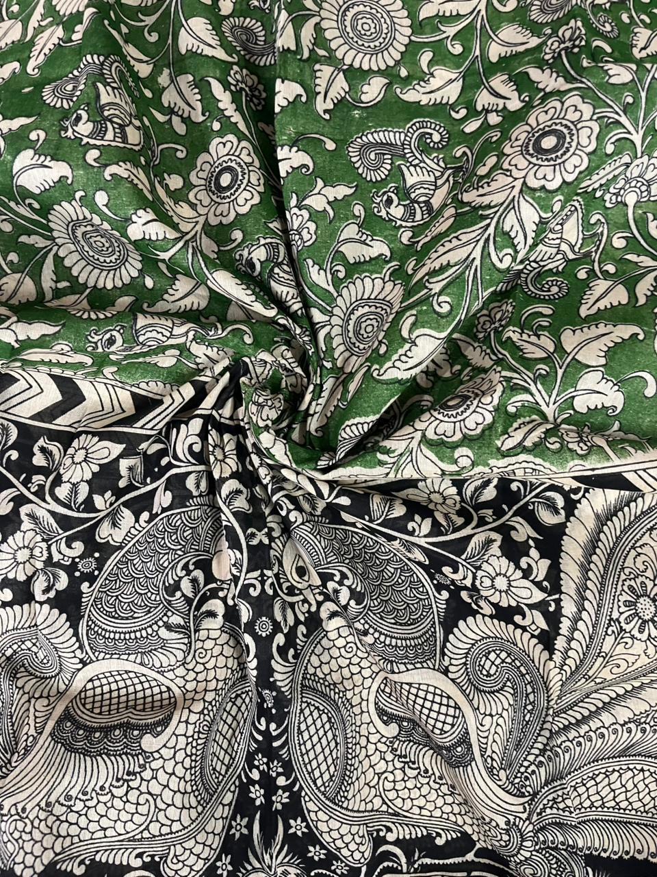 Forest Green Kalamkari Cotton 3 Piece Suit Material Set | Unstitched Top Bottom Dupatta