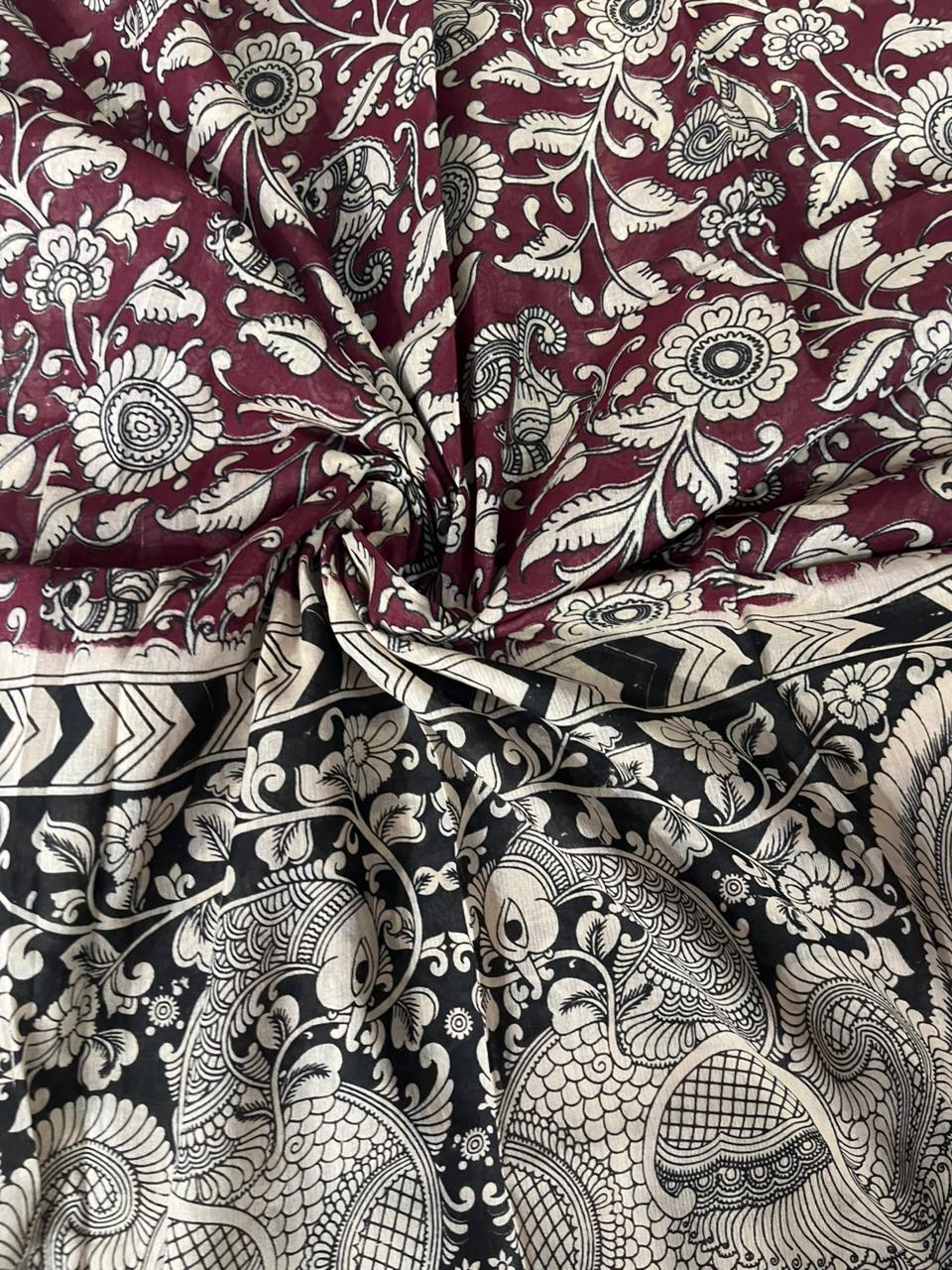 Burgundy Maroon Kalamkari Cotton 3 Piece Suit Material Set | Unstitched Top Bottom Dupatta
