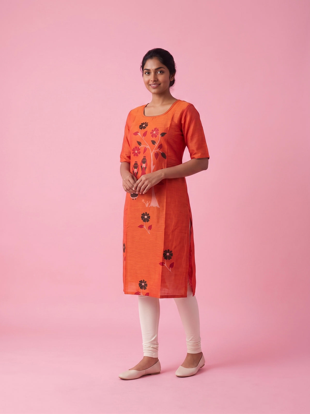 Coral Orange Cotton Top | Scoop Neck | Half Sleeves | Without Lining