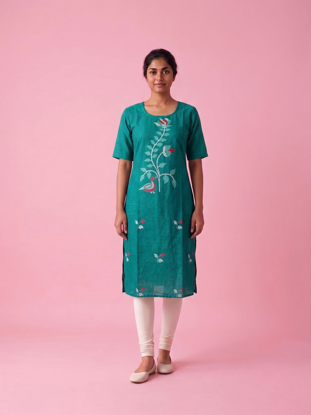 Teal Blue Cotton Top | Scoop Neck | Half Sleeves | Without Lining