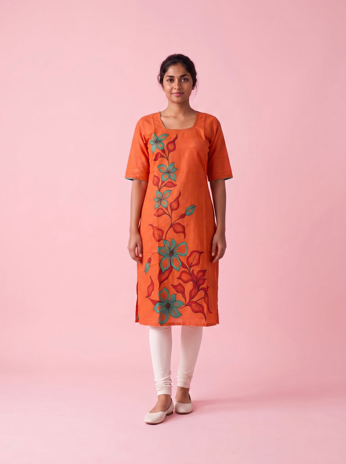 Orange Cotton Top | Scoop Neck | Half Sleeves | Without Lining