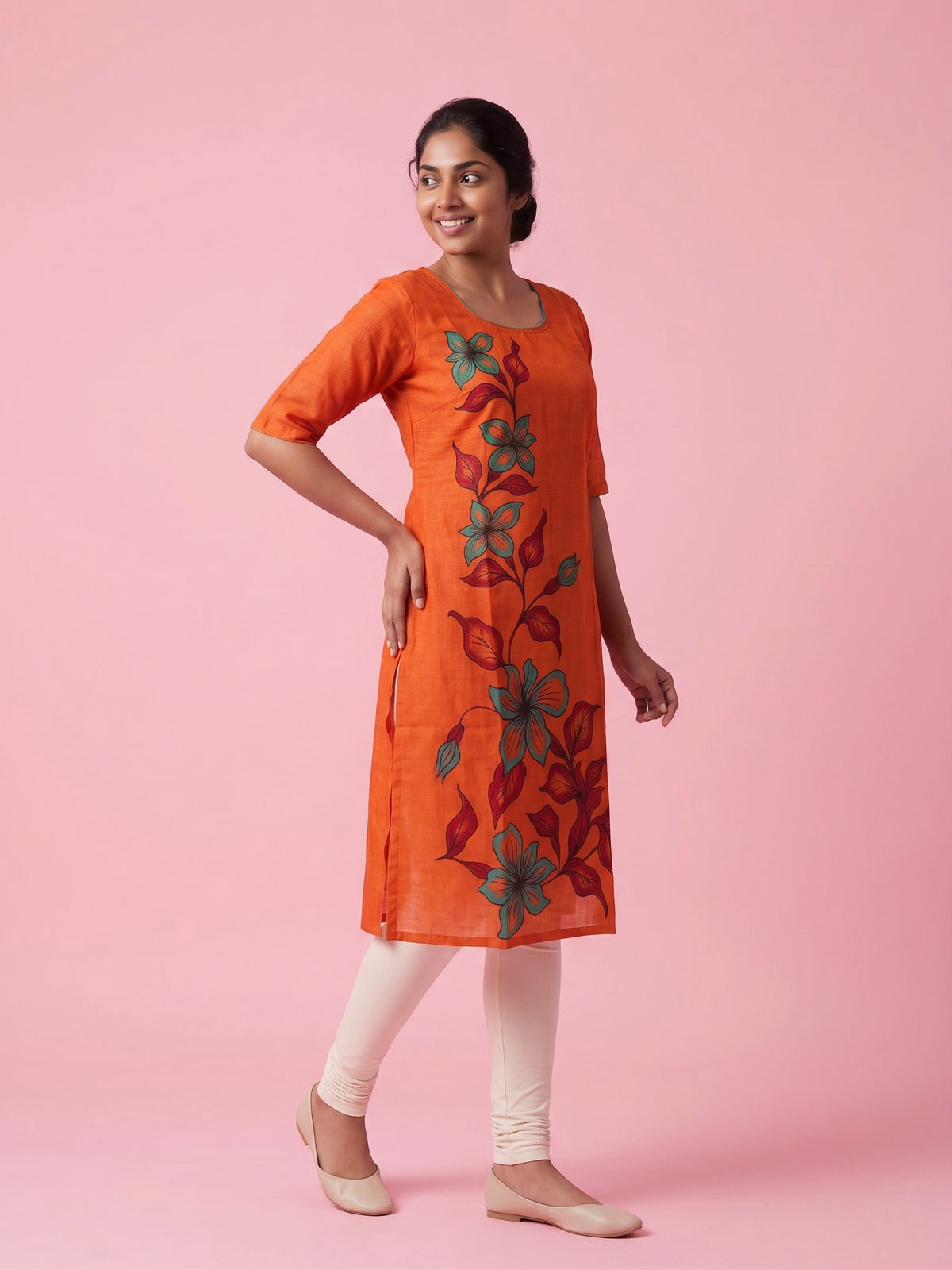 Orange Cotton Top | Scoop Neck | Half Sleeves | Without Lining