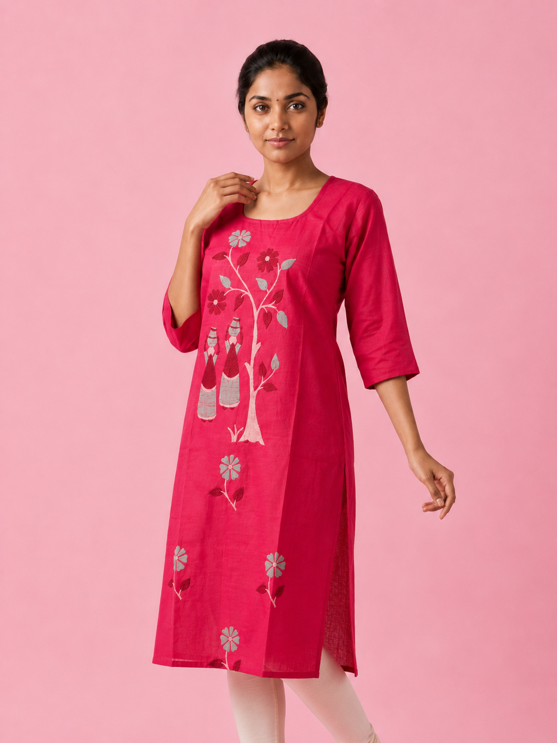 Magenta Pink Cotton Top | Scoop Neck | Half Sleeves | Without Lining