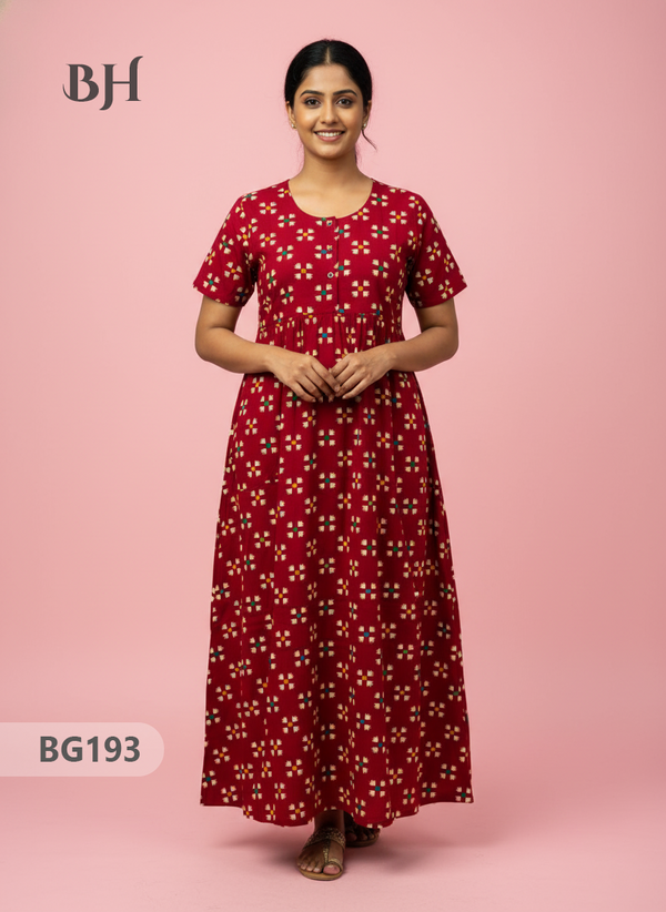 Cotton Frock Nighty with Knot & Pocket | Comfortable Free Size Nightwe   Bhavana Handlooms