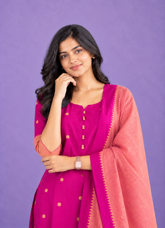 Mangalagiri Cotton 3PC Set with Full-Length Lining & Elastic Pocket Bottom – Magenta & Peach