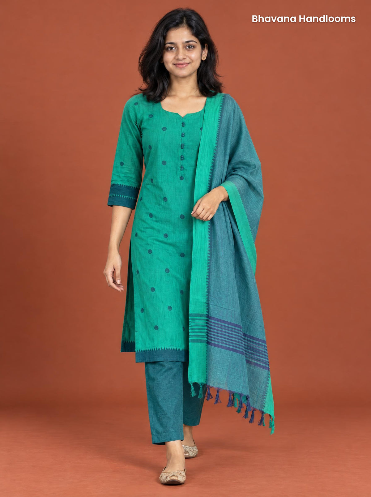 Mangalagiri Cotton 3PC Set with Full-Length Lining & Elastic Pocket Bottom – Teal & Navy Blue